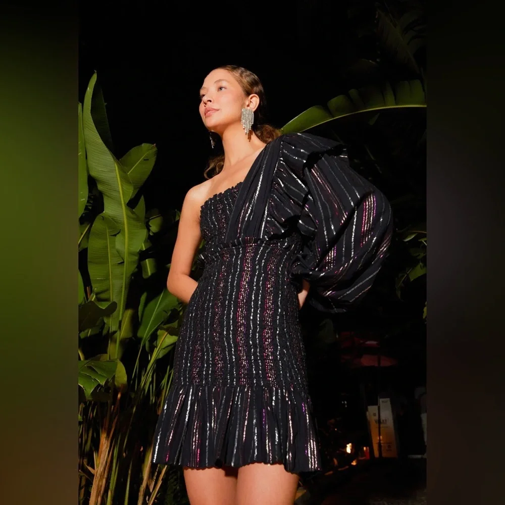 FARM RIO Lurex Stripes One-shoulder Mini Dress in Black M - Picture 2 of 11